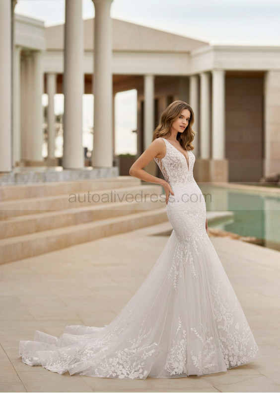Plunging Neck Ivory Lace Tulle Romantic Mermaid Wedding Dress